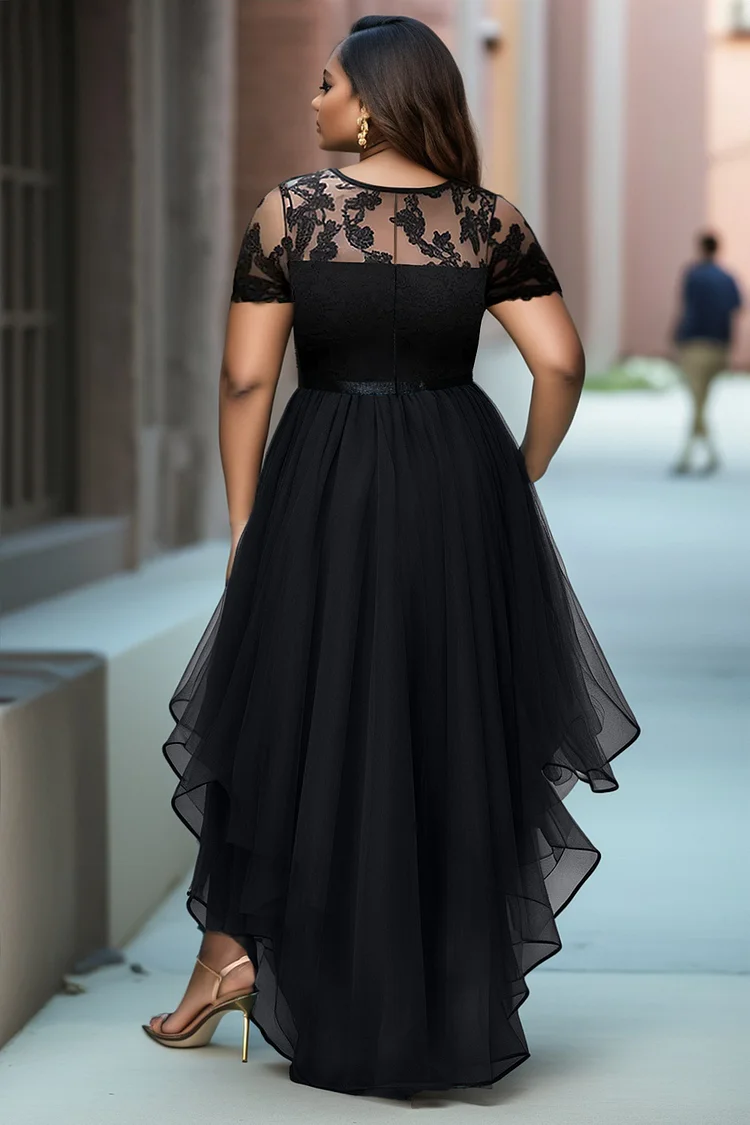 Xpluswear Design Plus Size Cocktail Party Black Round Neck Short Sleeve Asymmetric Hem Ruffle Tulle Mini Dresses [Pre-Order]