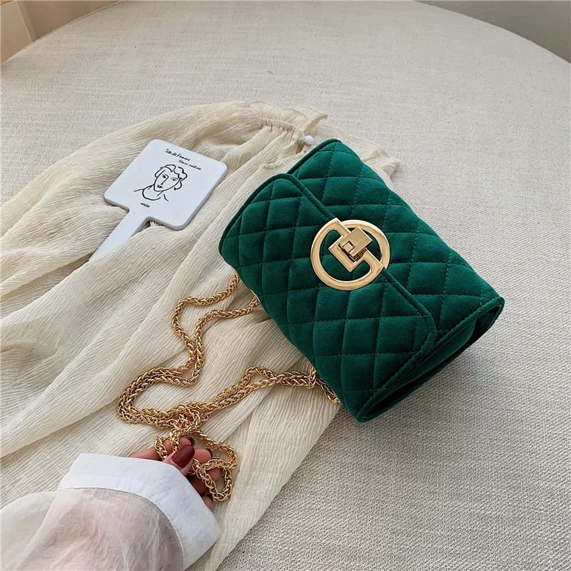 Vintage Fashion Female Plaid Square Bag 2021 New Quality Velvet Women's Designer Handbag Lock Chain Shoulder Messenger Bags