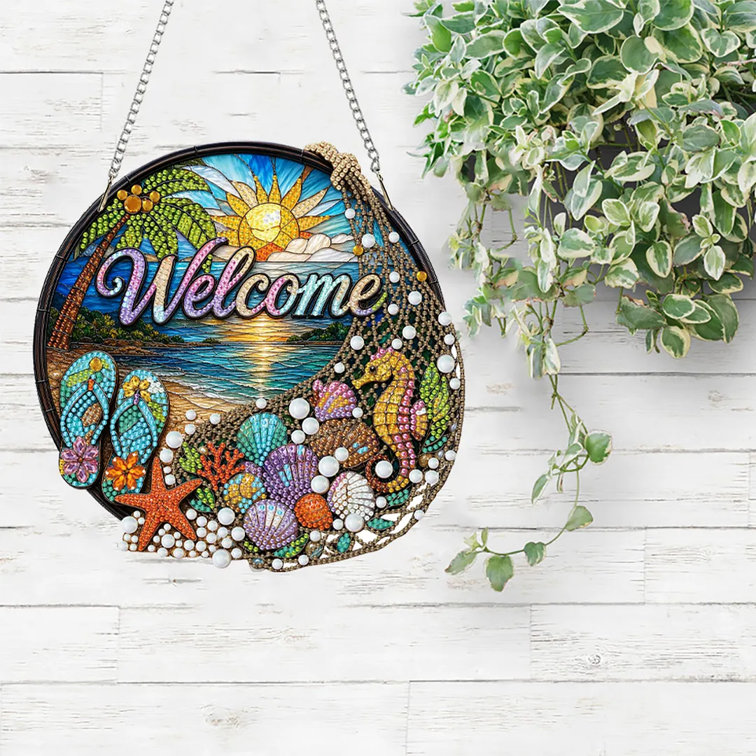 Beach Seahorse Welcome Sign 2D Flat DIY PET Diamond Painting Pendant Special Shape Hanging Gem Art Paintings Charm Single Side Drill for Adults Home Wall Window Decor