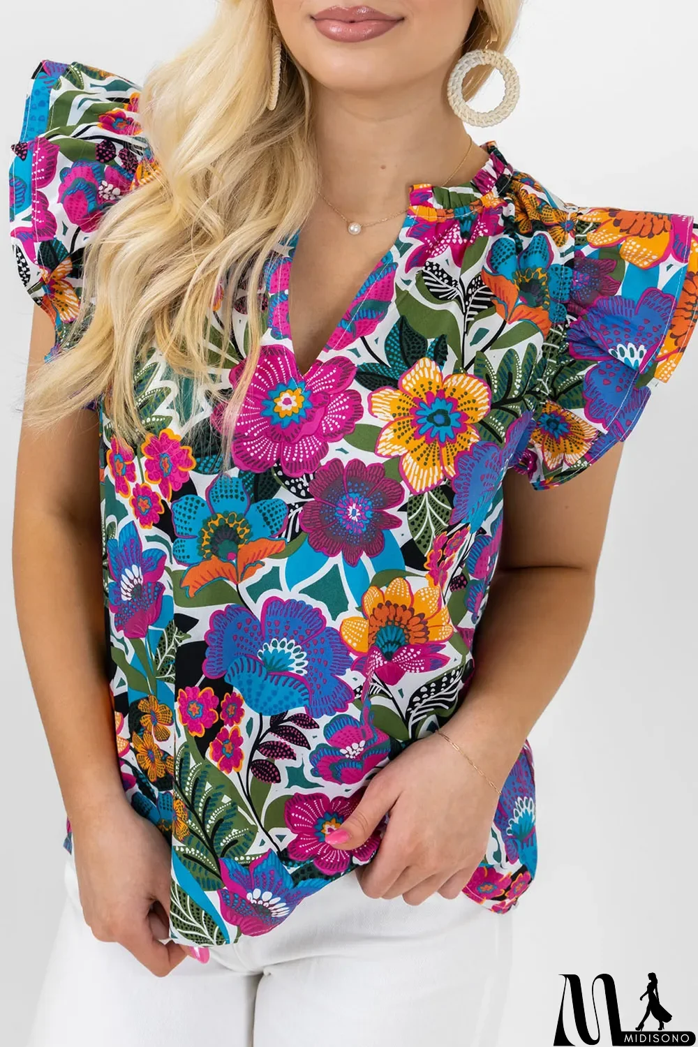 MidiSono - Multicolor Ruffled Flutter Sleeve Floral Print Blouse