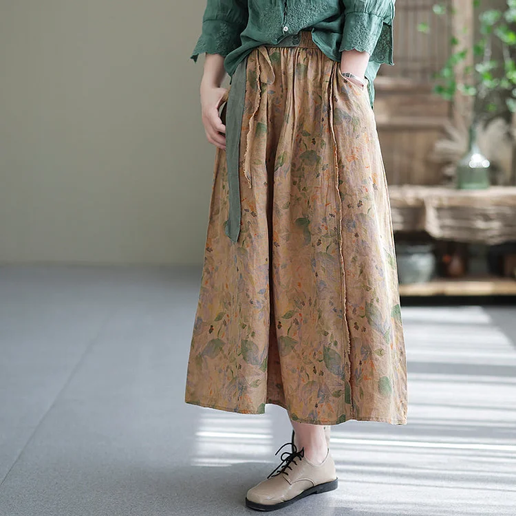 Plus Size Cozy Vintage Floral Casual Linen Skirt