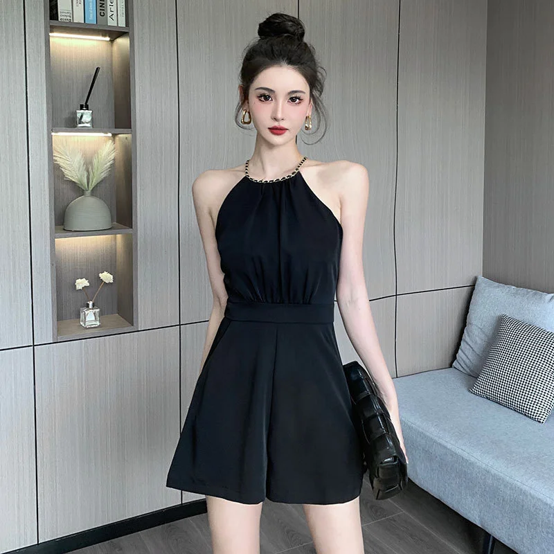 Zingj Zingj Pleated Slim Sleeveless Short Wide-Leg Pants With Pocket Jumpsuits