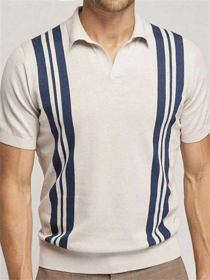 Summer Men's Striped Short-sleeved Knit Shirt Apricot Slim Lapel Casual Polo Shirt Men's Tops M L XL 2XL 3XL