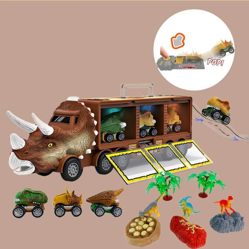 Dinosaur Toy Triceratops Truck with Pull Back Cars and Figures Storage Carrier Truck
