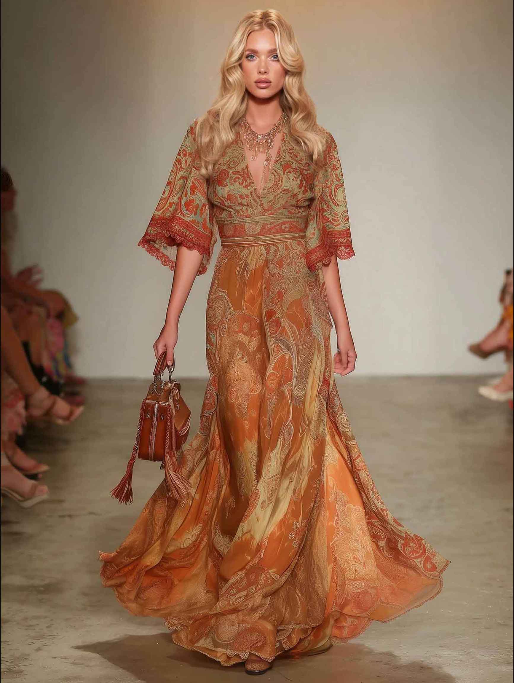 Vestido comprido elegante com estampado retro paisley e decote em V