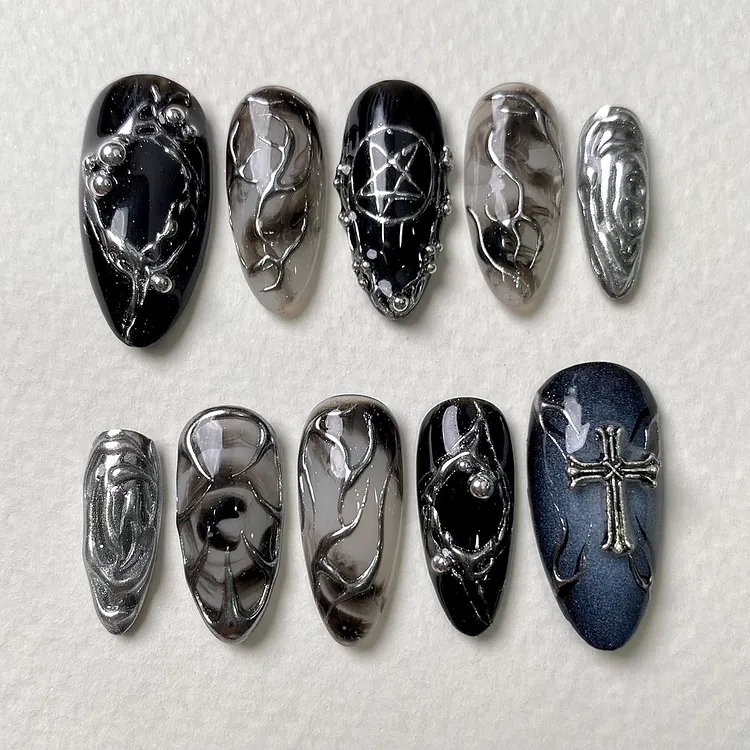 Nightbane Black Chrome Press On Nails, Gothic Dark Cross Fake Nails