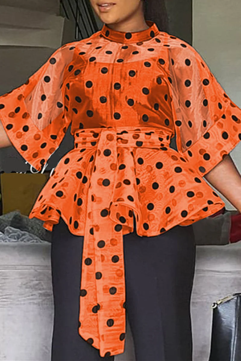 Orange Fashion Dot Print Frenulum See-through Mandarin Collar Tops | EGEMISS
