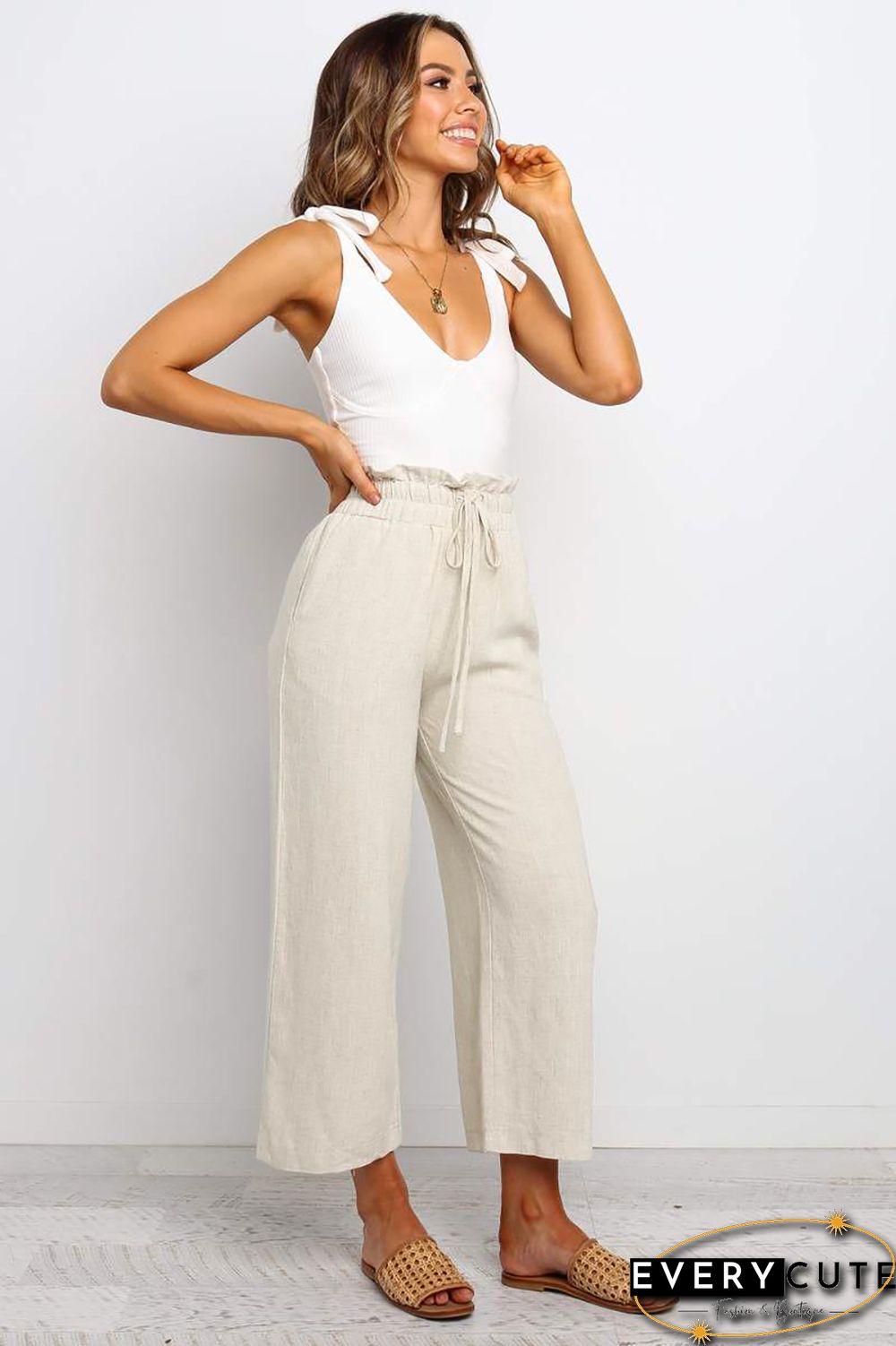Khaki Paperbag Waist Straight Leg Cropped Pants