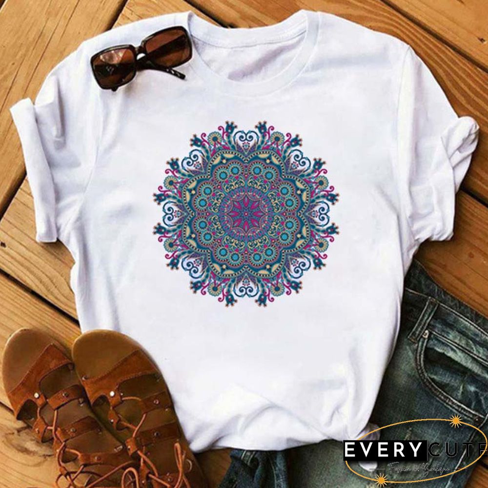 Maycaur New Mandala Floral Printed T Shirt Women Casual Fashion T-shirt Loose Short Sleeve 90s Girls Aesthetics Black Tshirt Top