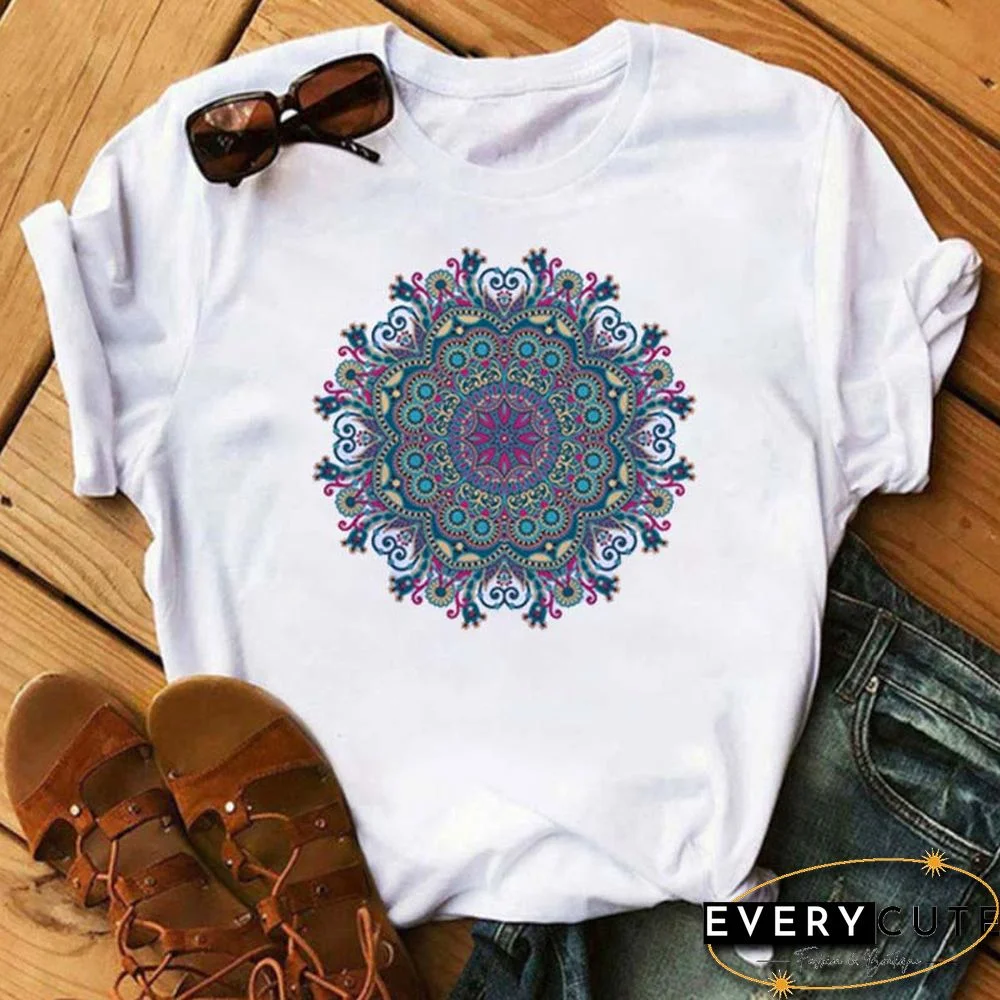 Maycaur New Mandala Floral Printed T Shirt Women Casual Fashion T-shirt Loose Short Sleeve 90s Girls Aesthetics Black Tshirt Top