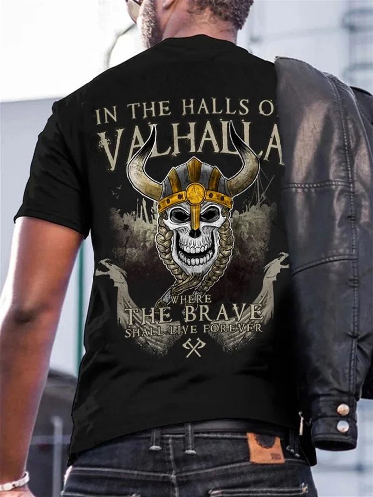 Men's In Valhalla The Brave Shall Live Forever Viking T Shirt