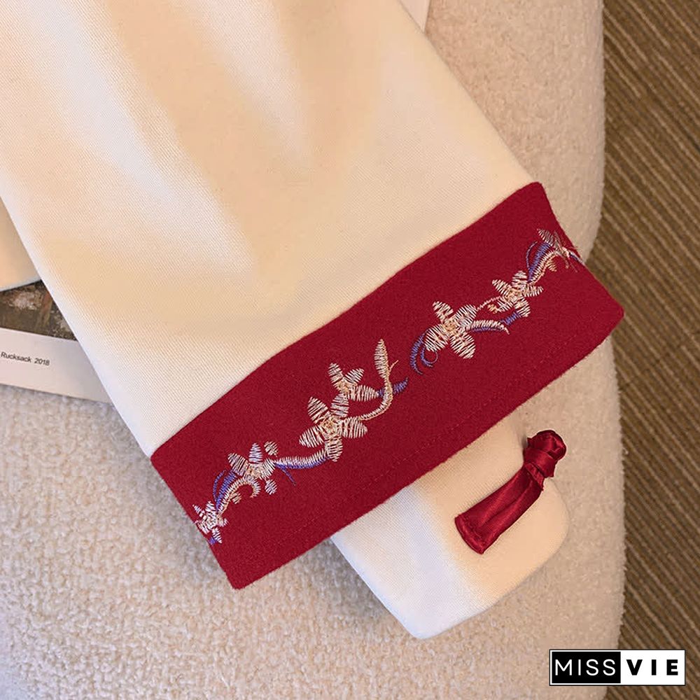 Vintage Embroidery Buckle Bowknot Hoodie Colorblock Skirt