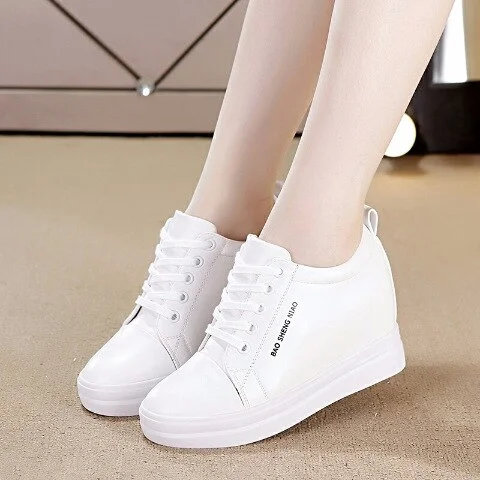 Yyvonne 2022 New Women Wedge Platform Sneakers Rubber Leather High Heels Lace Up Shoes Height Increasing White Thick Bottom 40