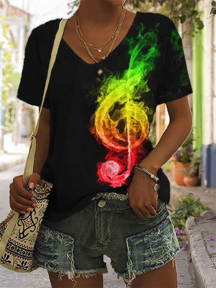 Reggae Lover Rasta Smoky Treble Clef V Neck T Shirt