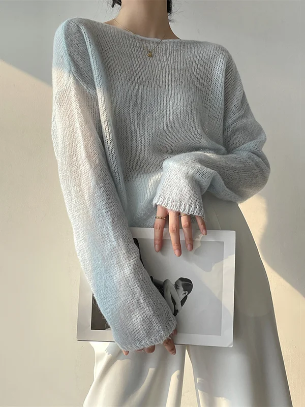 Mohair Knit Loose Sweater: Gentle, Solid Color, Long Sleeves