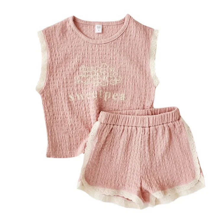 2pcs Baby Toddler Girl Solid Floral Print Lace Splicing Short Sleeve T-Shirt and Shorts Set