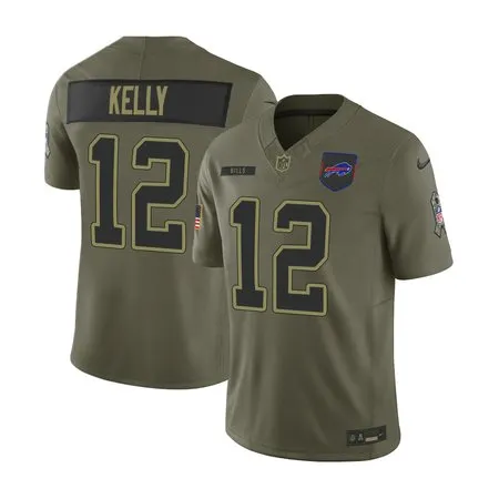 Men's Buffalo Bills #12 Jim Kelly  Olive 2025 Salute to Service Retired Limited Jersey
