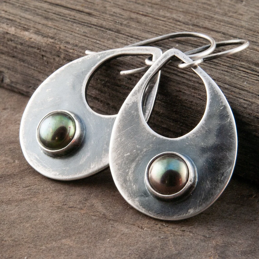 Vintage Drop Metal Craftsman Inlaid Faux Black Pearl Women's Hook Drop Earrings