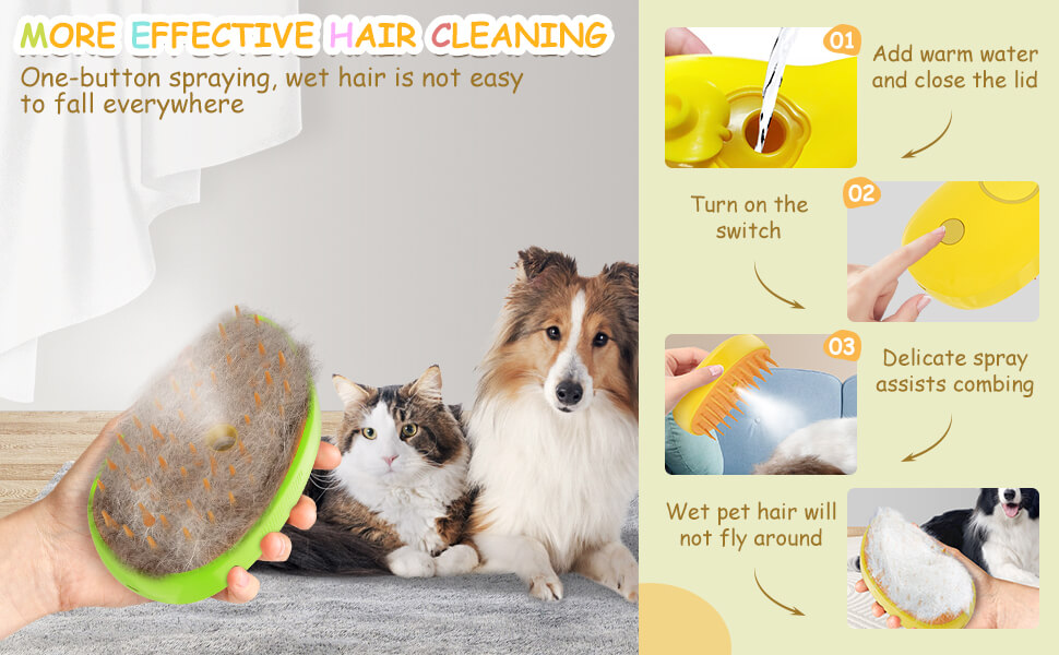 Cat Steam Brush for Shedding;  【3 in 1 Pet Steamy Brush】Hair removal, cleaning, massaging. While removing hair, clean dirt from hair and skin. Reduce the frequency of bathing. Massage promotes blood circulation 【Spray Design】Effectively prevents flying hair and prevents static electricity. It is also easier to open hair knots when hair is wet 【Smooth Silicone Brush Teeth】Smooth rounded teeth head take a better massage experience. Silicone brush teeth can stick the fallen hair better. The tapered spiral design conforms to messy hair and is tough enough to remove hair 【Mango-Shaped Design】Ergonomic, more comfortable to hold, and easier to comb messy hair in all directions. At the same time, it looks interesting and fashionable 【Suitable For All Pets】The shell is made of ABS plastic material, which is sturdy and durable. The brush teeth length is 0.52IN, suitable for all long-haired and short-haired cats and dogs.