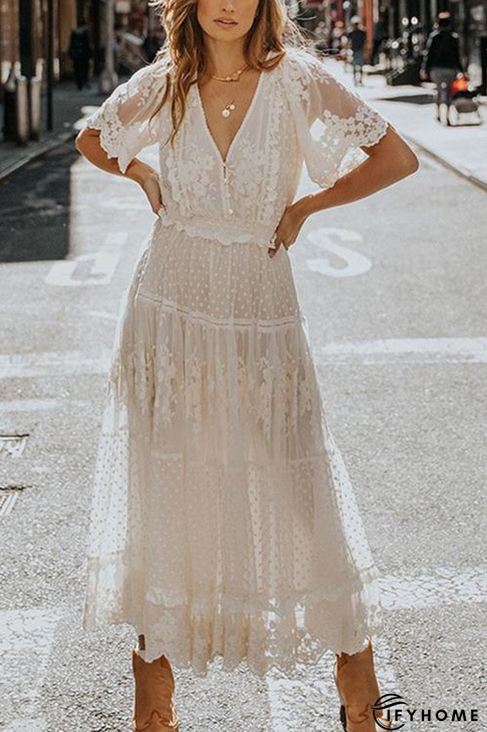 Button Lace V Neck Short Sleeve Maxi Dress | IFYHOME