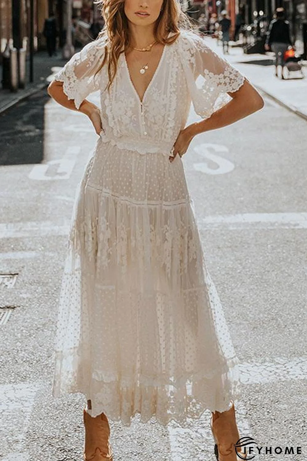 Button Lace V Neck Short Sleeve Maxi Dress | IFYHOME