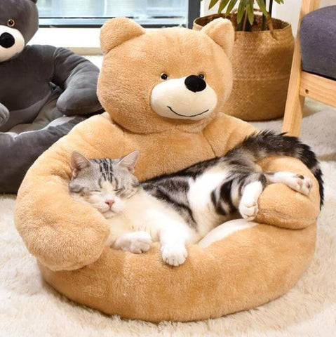 A cat napping in a teddy bear cat bed