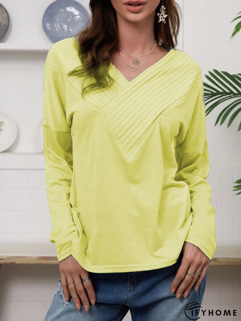 V Neck Elegant Regular Fit T-shirt & Tees | IFYHOME