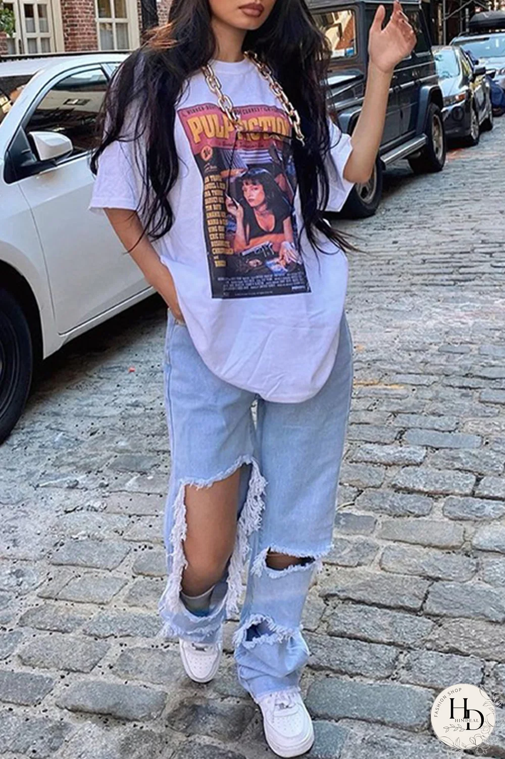 Black Casual Print Split Joint O Neck T-Shirts