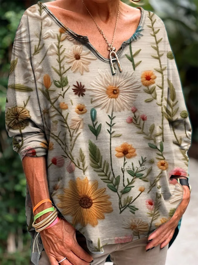 Women's Casual Floral Print V-Neck Top