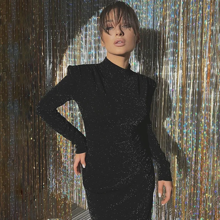 Embellished Long Sleeve Evening Gown in Black