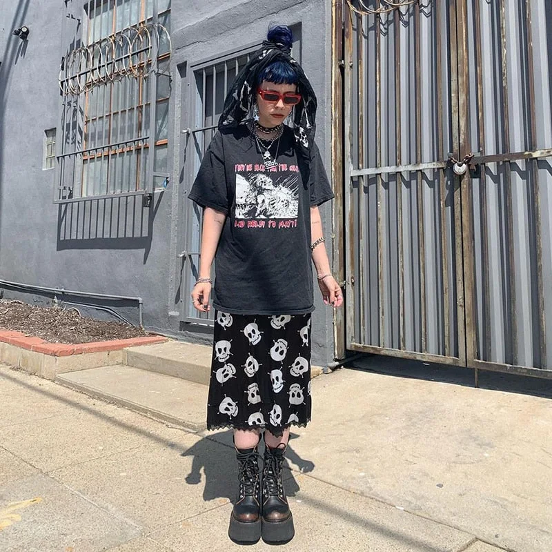 InsGoth Goth Skirt Gothic Skull Print High Waist Skirts Harajuku Grunge Straight Long Skirt Punk Vintage Lace Trim Skirt Female
