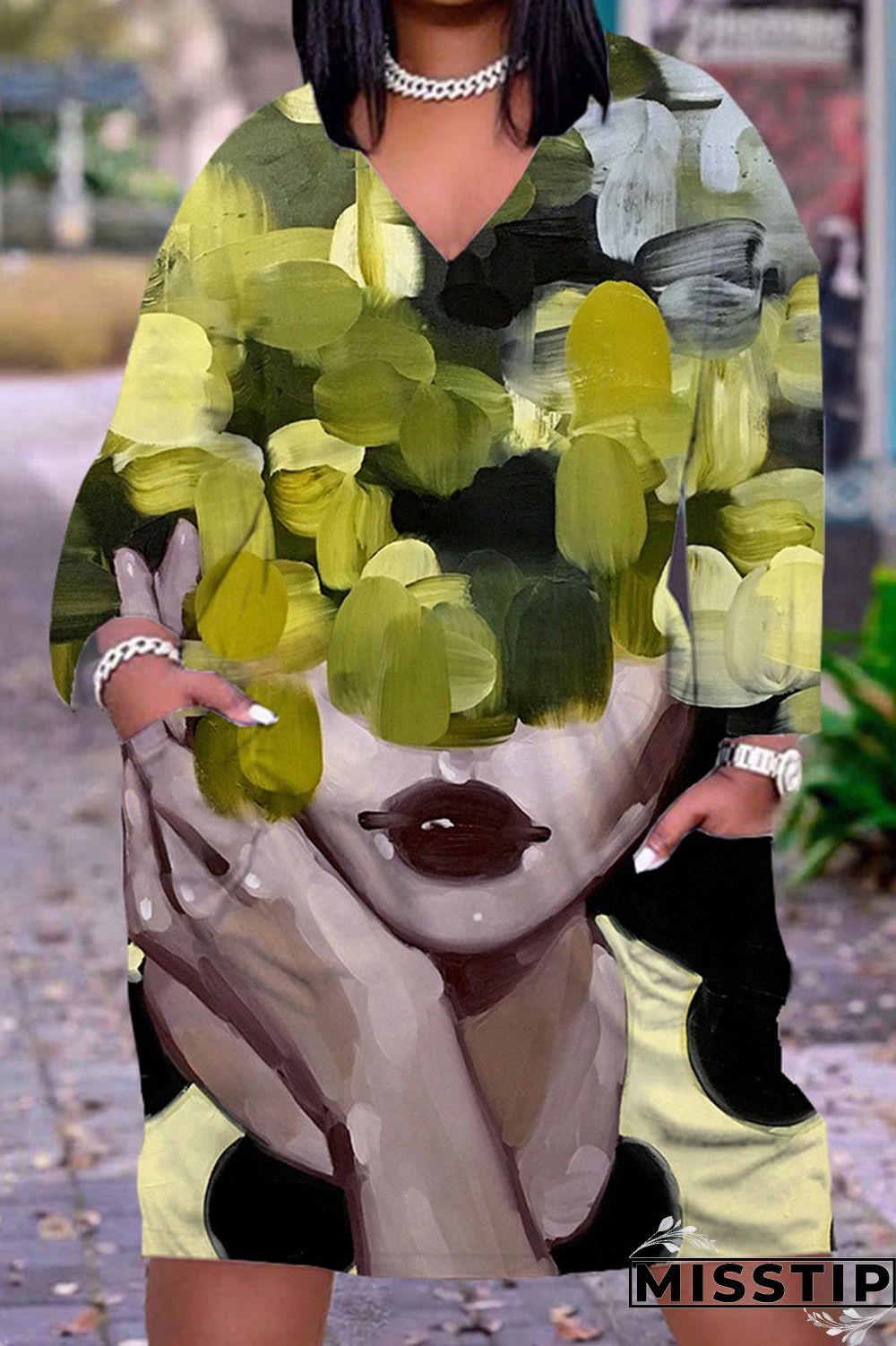 Gray Cyan Casual Print Patchwork V Neck Straight Dresses