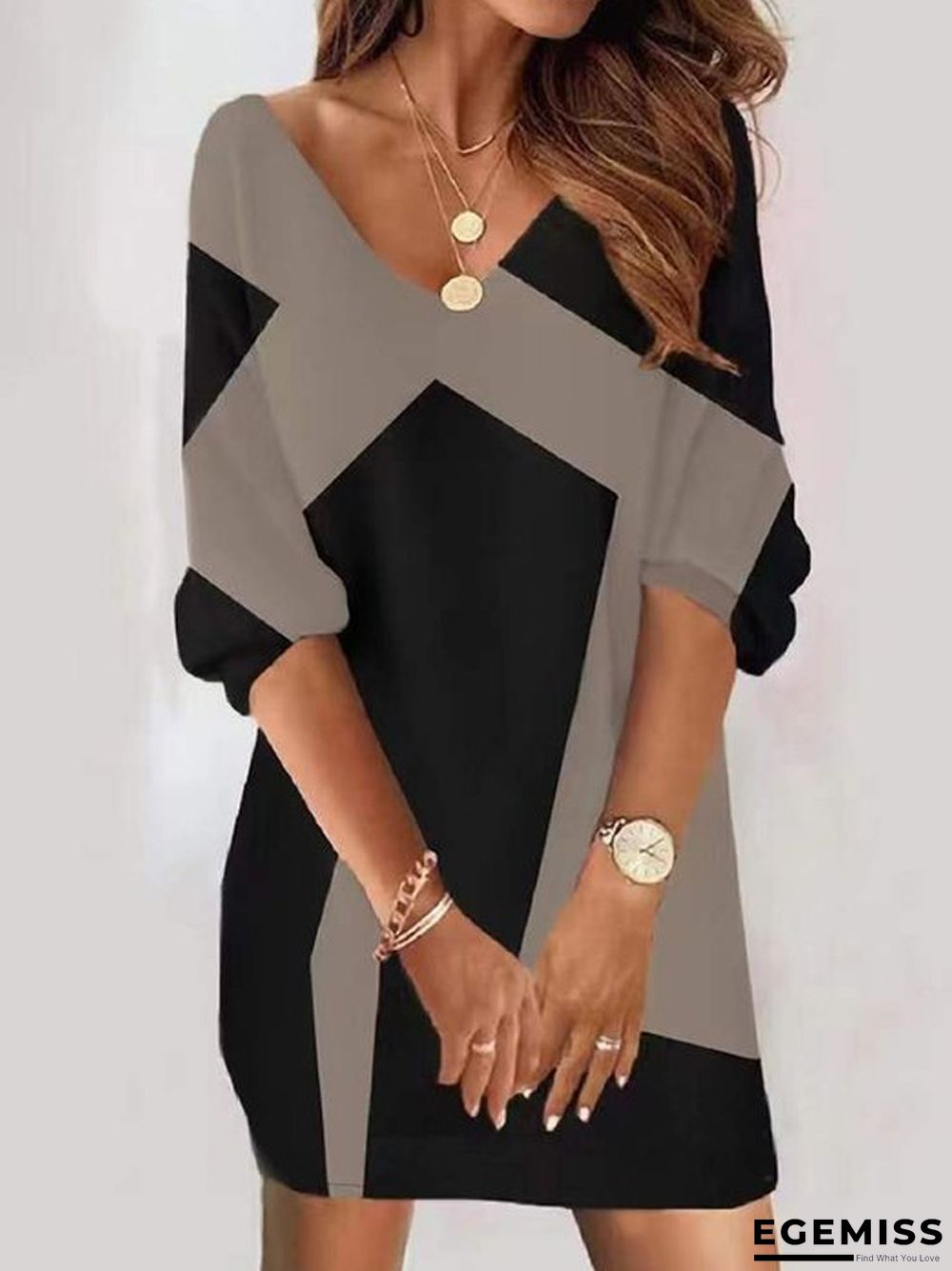 Casual Loose V-neck Printed Medium Sleeve Women's Dress | EGEMISS