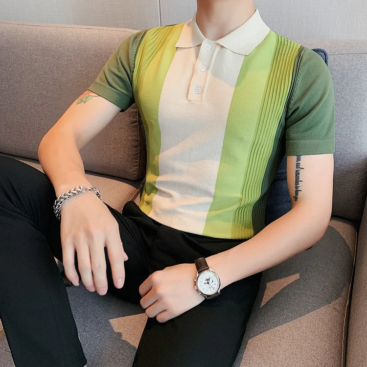 Men Polo Shirts Thin Stretch Striped T-shirt