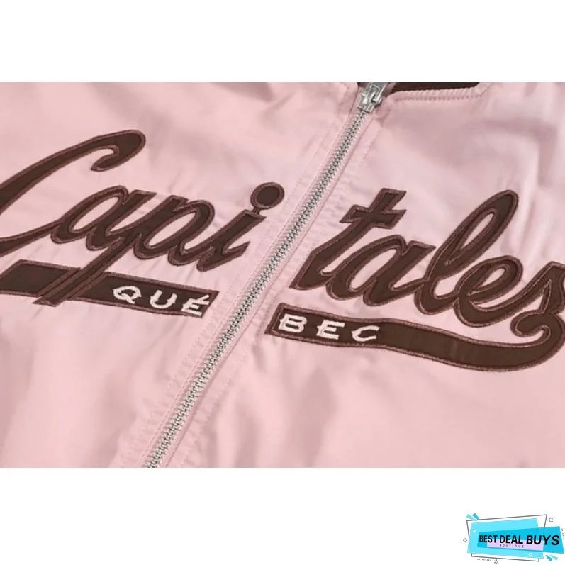 Retro Pink Color-Block Short Baseball Jacket