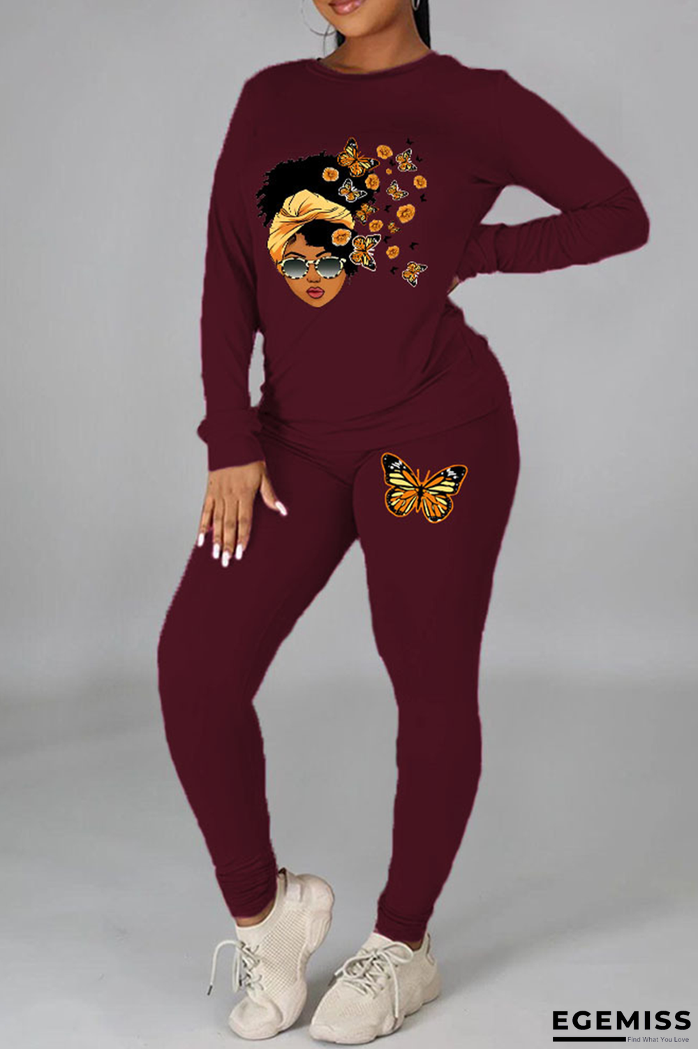 Burgundy Vintage Print Patchwork O Neck Long Sleeve Two Pieces | EGEMISS