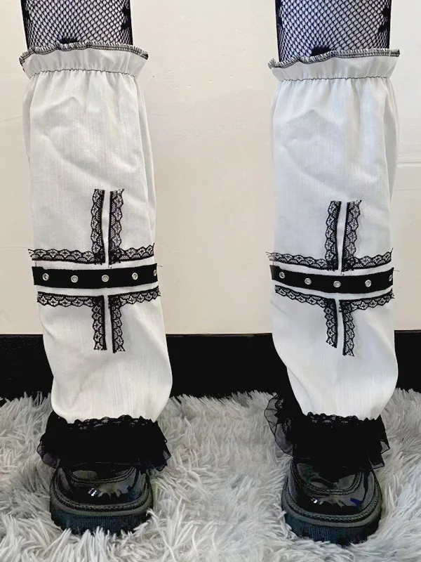 Gothic Dark JK Style Cross Printed Lace Paneled Leg Warmers