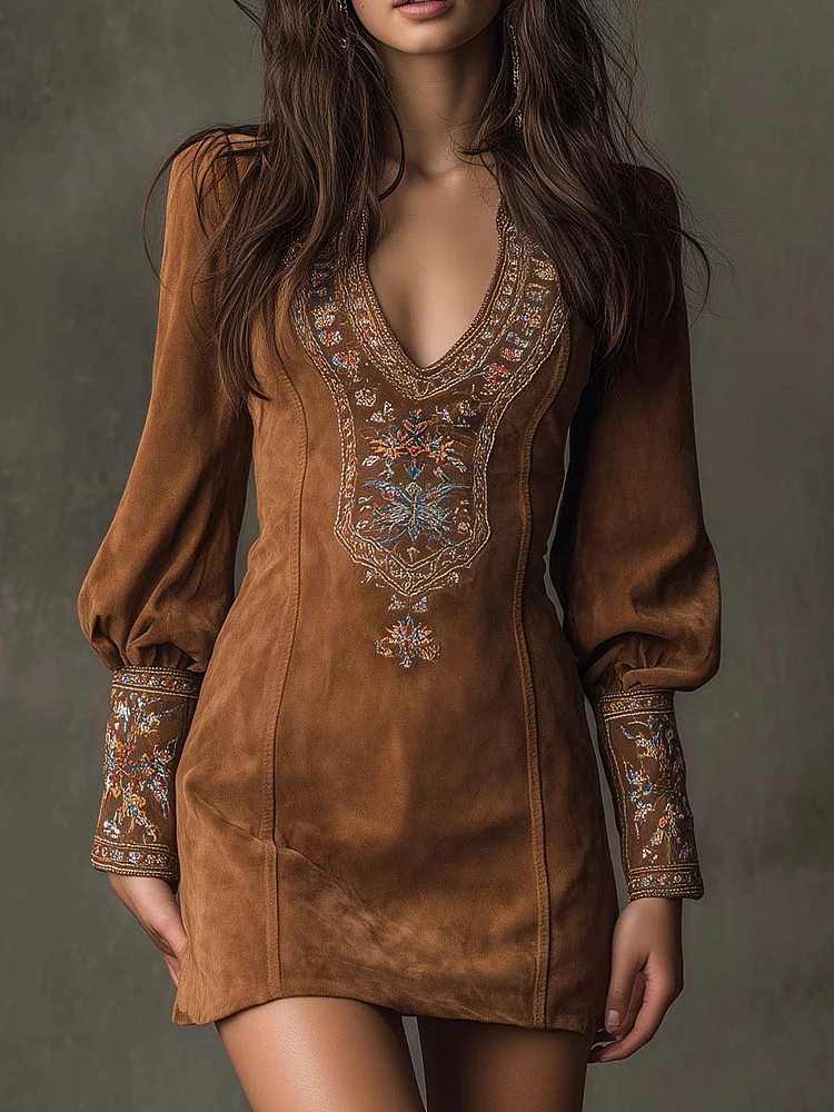 Vintage Brown V-Neck Suede Embroidered Mini Dress