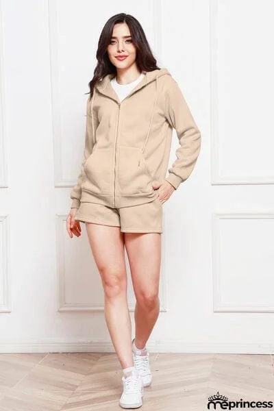 Zip Up Drawstring Hoodie and Shorts Set