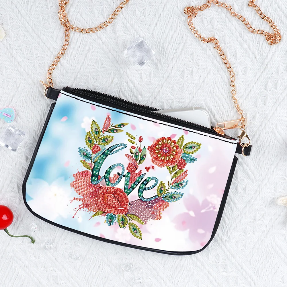 5D DIY Flower Love Diamond Painting Coin Chain Purse Diamond Handmade Crossbody Bag