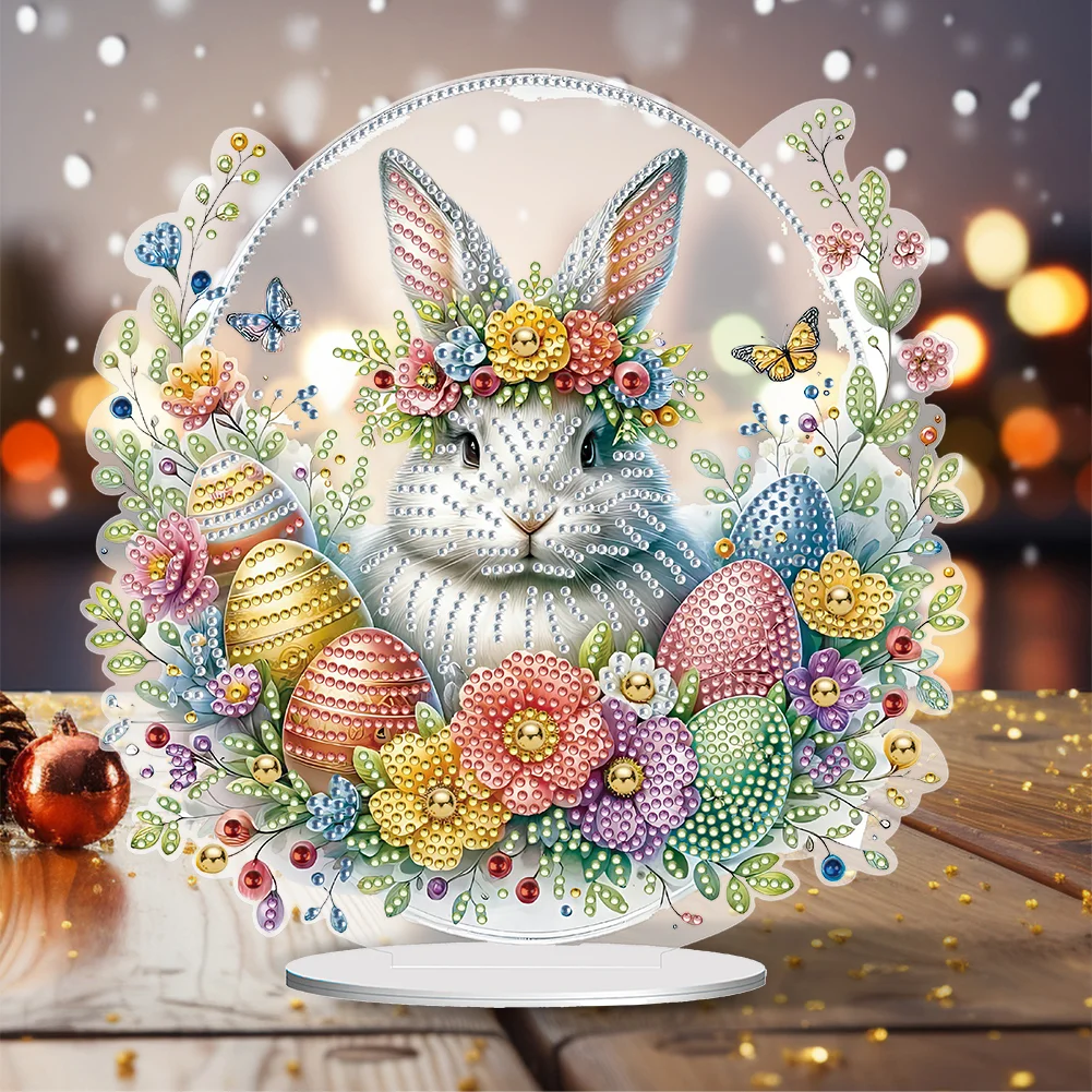 DIY Easter Cute Rabbit Egg Single-Sided Acrylic Diamond Painting Tabletop Ornament for Home Office Desktop Decor