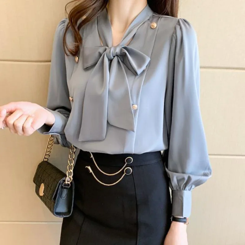 Jangj Spring Autumn French V-Neck Solid Shirt Spring Autumn Long Sleeve Bow Tie Chiffon Blouse Korean OL Elegant Shirt for Female