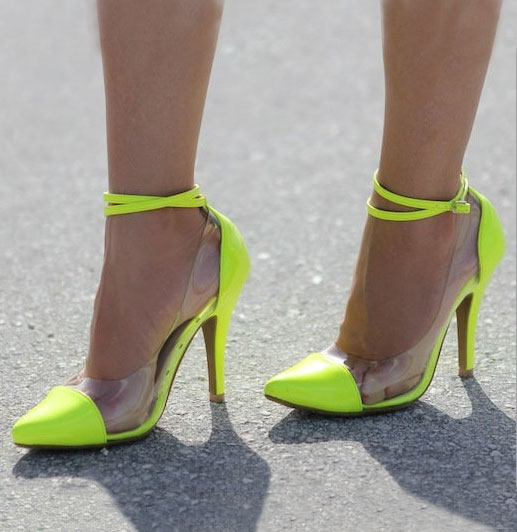 GOOSHOE Neon Yellow Clear Heel Ankle Strap Stiletto Pumps
