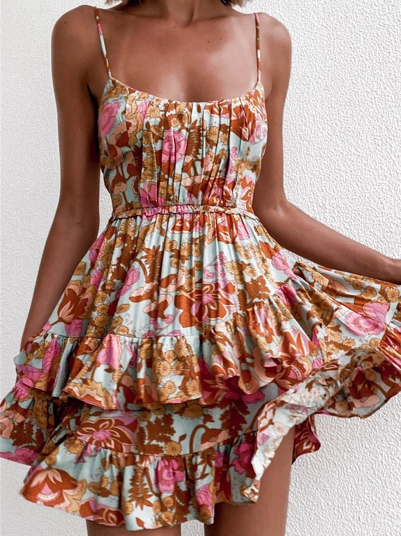 Bohemian Floral Print Short Sling Dress