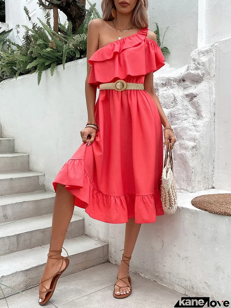 One-Shoulder Ruffle Hem Dress