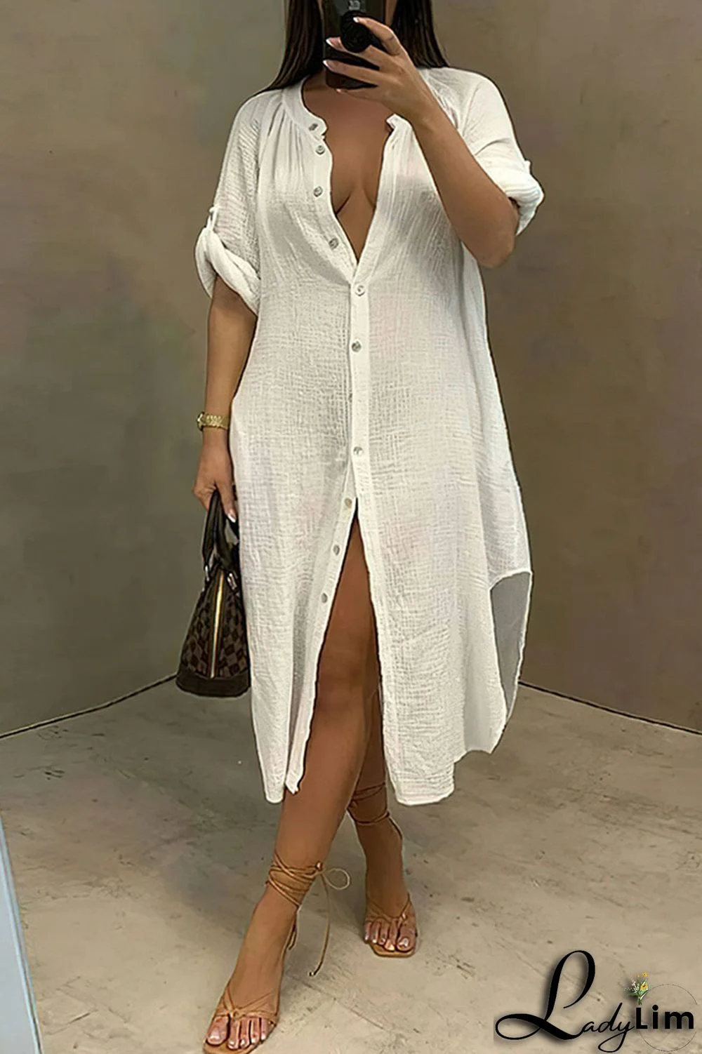 White Casual Solid Split Joint Buckle Asymmetrical Shirt Dress Dresses