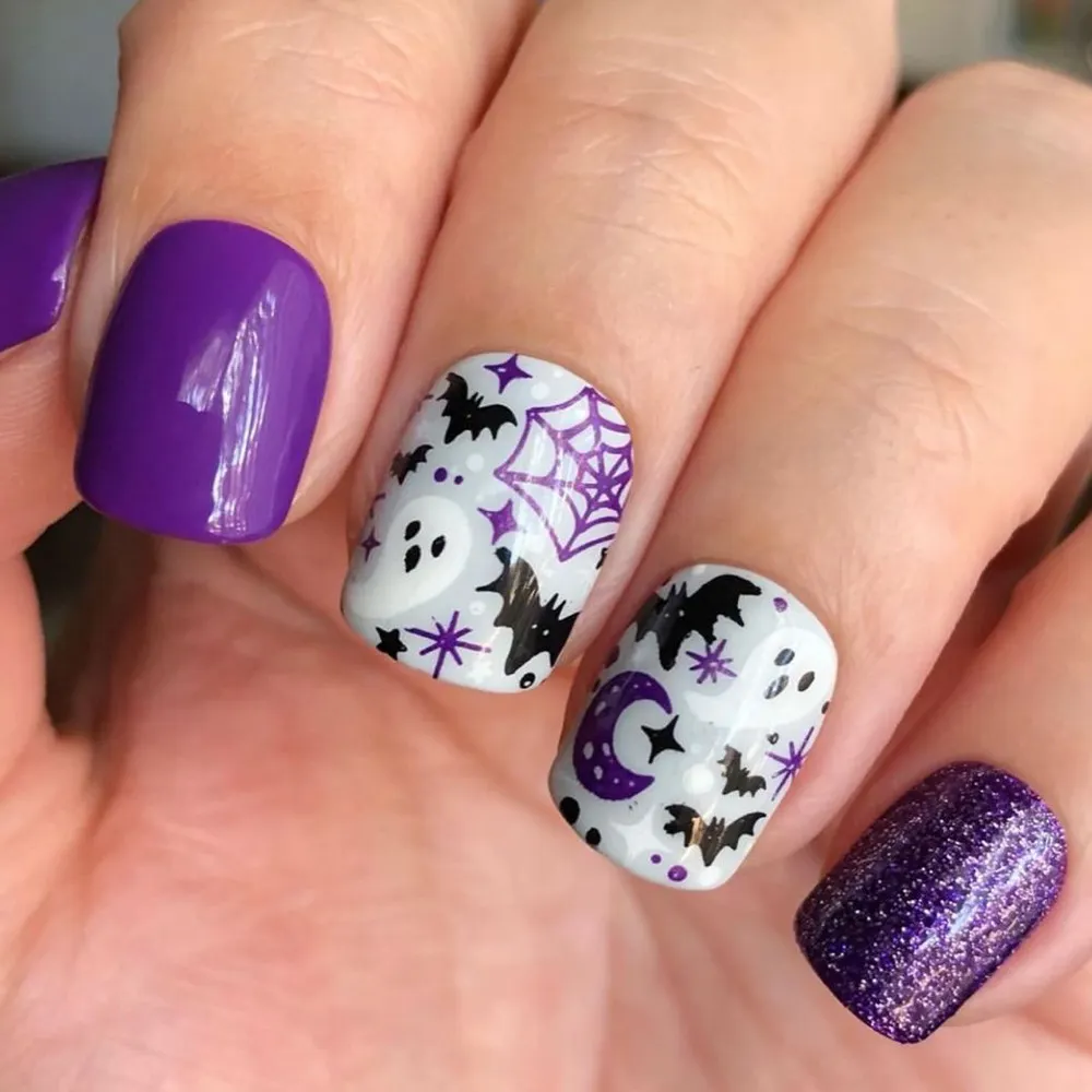 Churchf Short Square Nail Purple Flash Pink Ghost Spider Web Halloween Element Fake Nail Products Wear Nail Holiday Nail