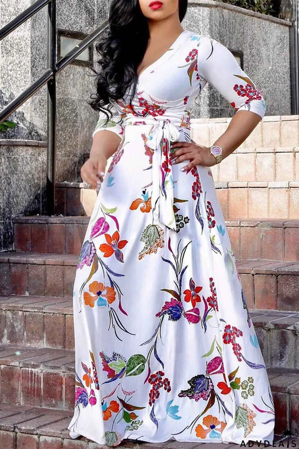 Multi-color Fashion Casual Print Bandage V Neck Long Sleeve Dresses