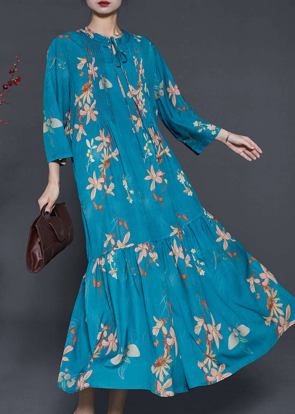 VCSHOES Peacock Blue Print Wrinkled Silk Holiday Dress Summer