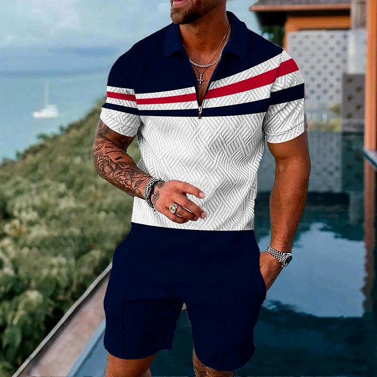 BrosWear Striped Color Contrast Navy Blue Polo Shirt And Shorts Co-Ord